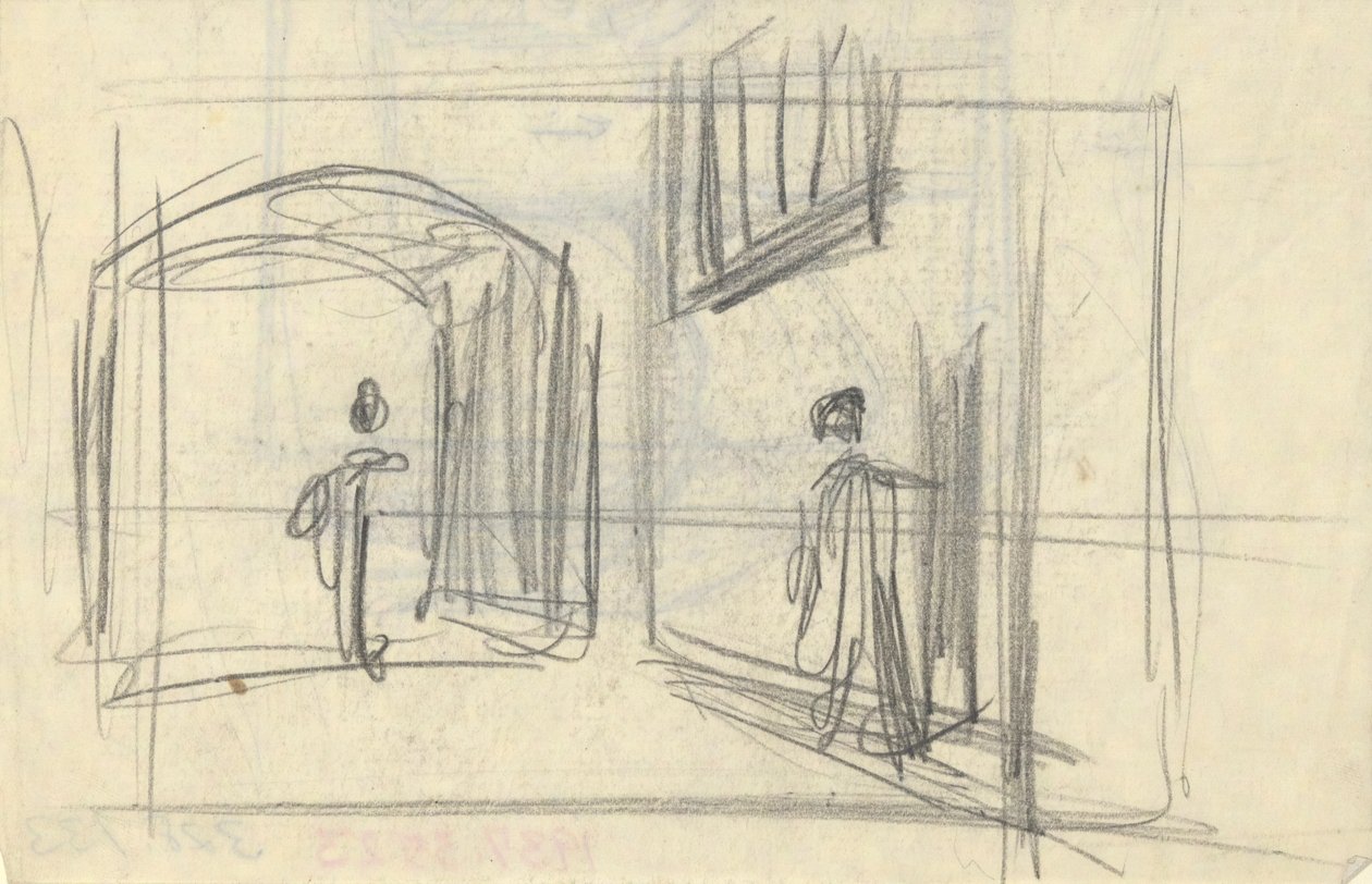 Gatubild med figurer (recto); Arkitektstudie (verso) av Edwin Austin Abbey