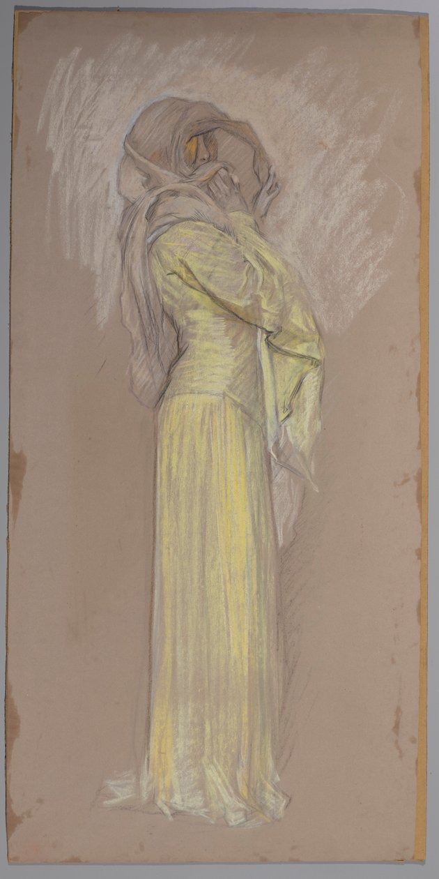 Studie, kvinna i gul klänning med brun slöja över ansiktet av Edwin Austin Abbey