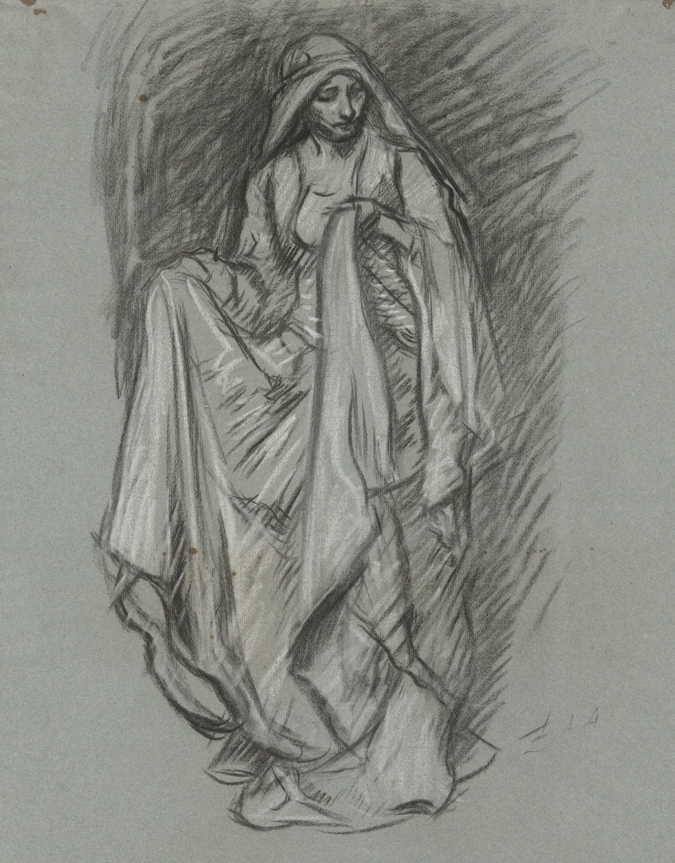 Studie för draperad kvinna, figurstudie för The Quest of the Holy Grail (serie med 15 målningar för Boston Public Library, färdig 1901) av Edwin Austin Abbey