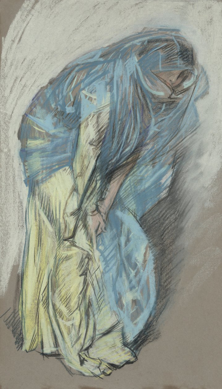 Studie för kvinna i gul klänning med blå slöja av Edwin Austin Abbey