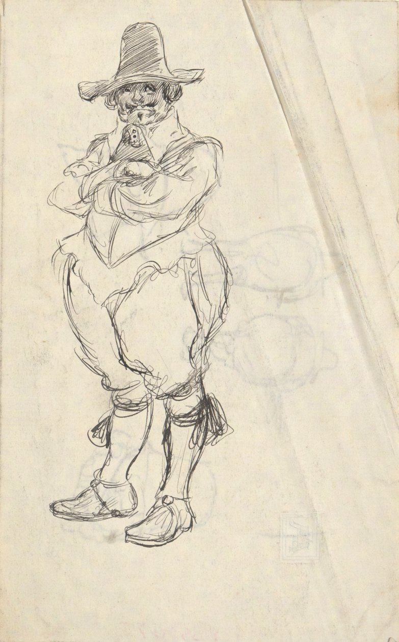 Studie av en man i XVIIth c. Holländsk kostym - oidentifierad. Studier på baksidan av Edwin Austin Abbey