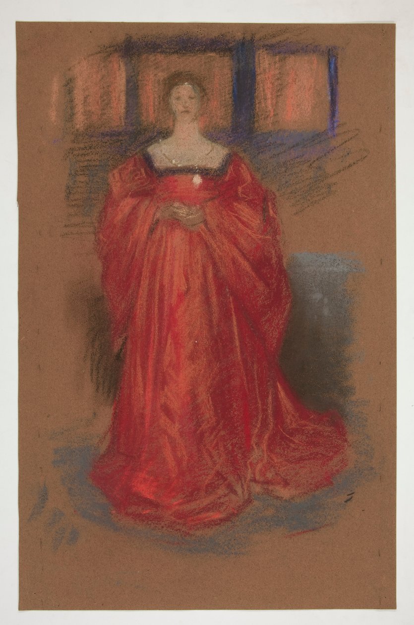 Studie av en kvinna i renässansdräkt - (oidentifierad illustration för en Shakespeare-pjäs?) av Edwin Austin Abbey