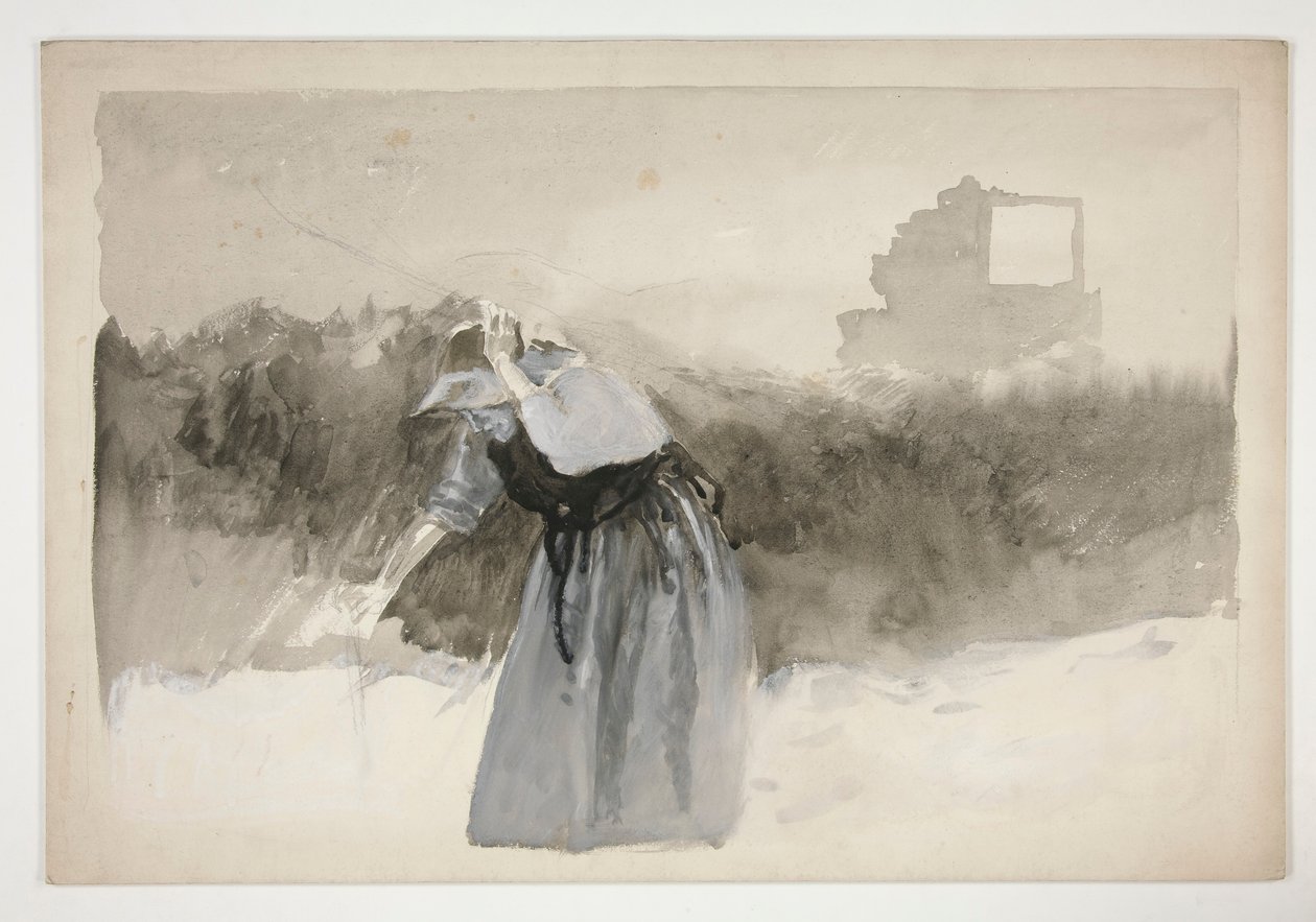 Studie av en kvinna i motorhuv, lutad över - (oidentifierad illustration) av Edwin Austin Abbey