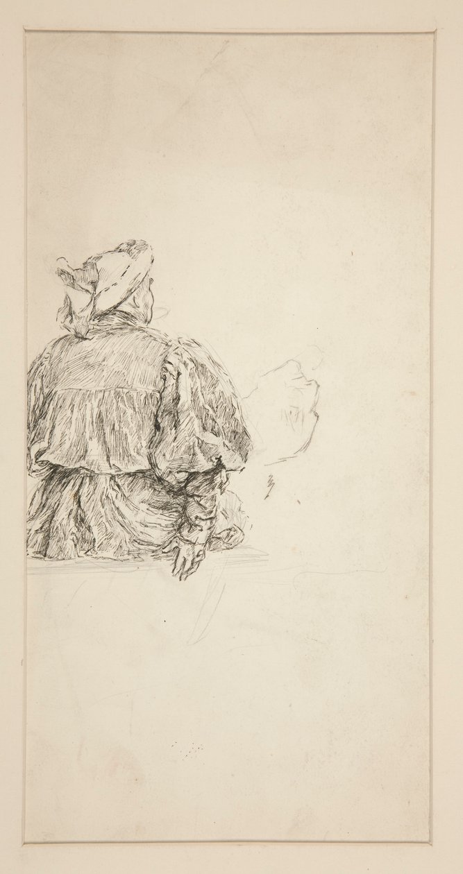 Studie av ryggen på en sittande man i 1500-talsdräkt, för en Shakespearescen. av Edwin Austin Abbey