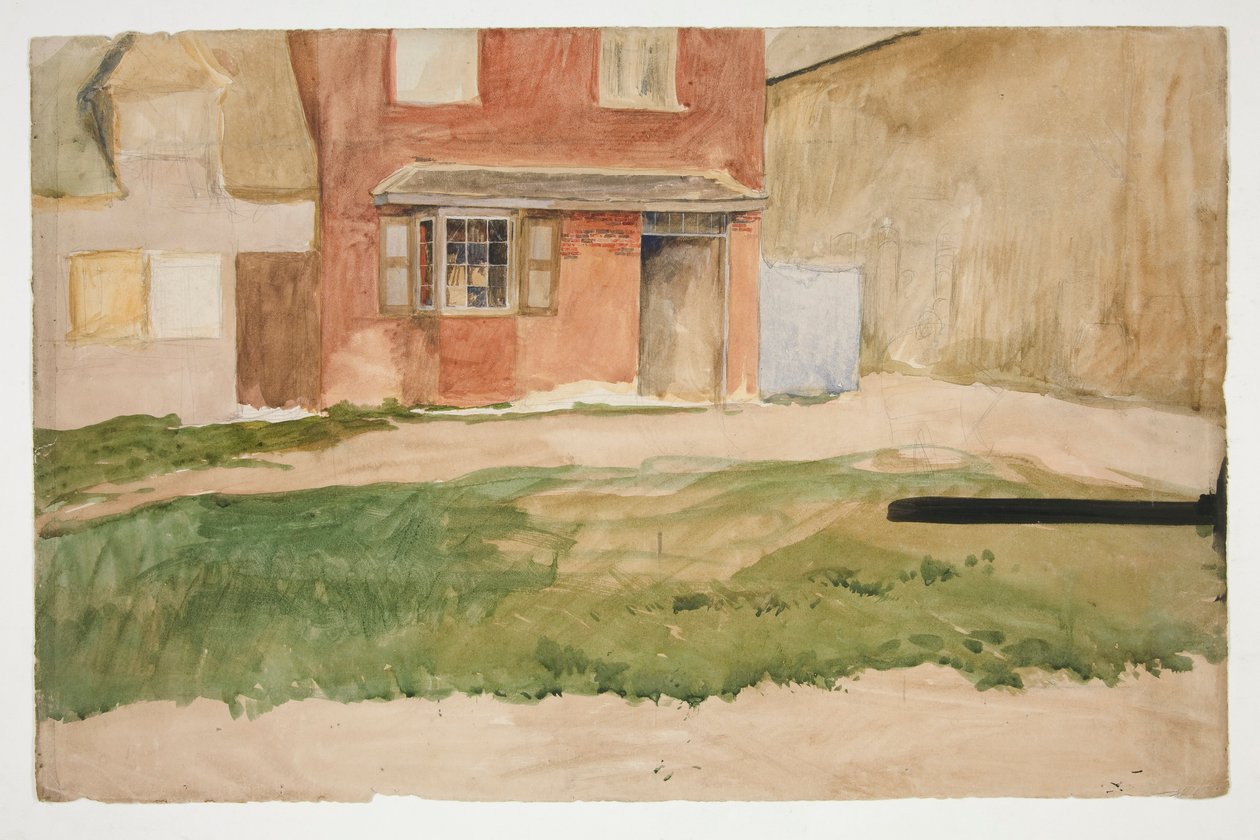 Studie av exteriören av en röd tegelbyggnad av Edwin Austin Abbey