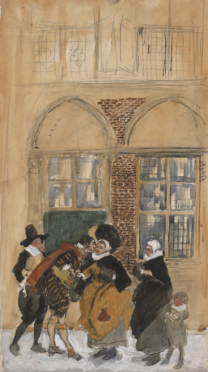 Studie av figurscen i holländsk dräkt från 1600-talet, möjligen New Amsterdam av Edwin Austin Abbey