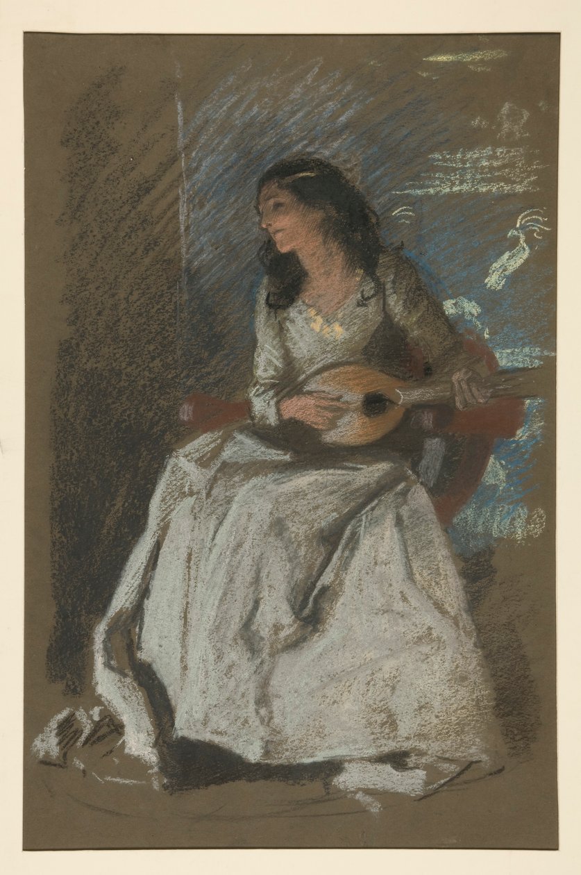 Studie av dam som spelar mandolin av Edwin Austin Abbey