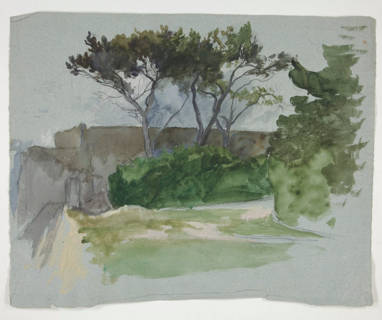 Studie av landskap med träd och stenmur av Edwin Austin Abbey