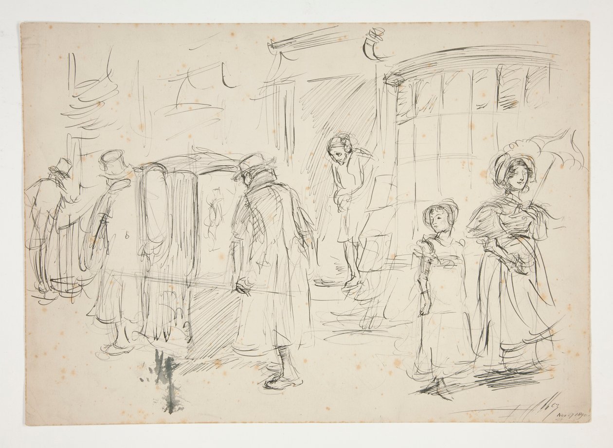 Studie av gatascen med sedanstol. av Edwin Austin Abbey