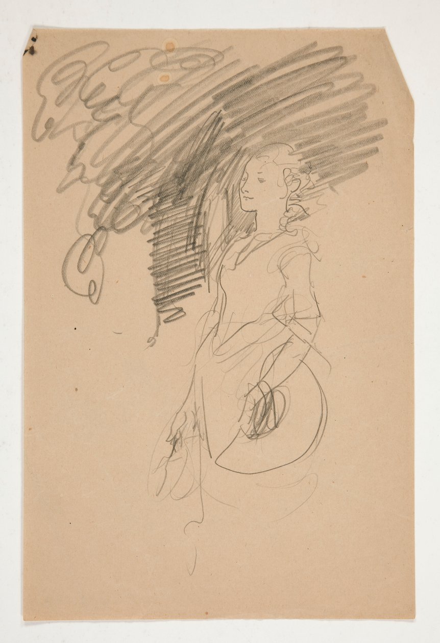 Studie av kvinna i kostym från 1800-talet som håller sin hatt av Edwin Austin Abbey