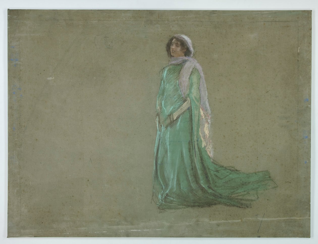 Studie, kvinna i lång grön klänning, rosa halsduk av Edwin Austin Abbey
