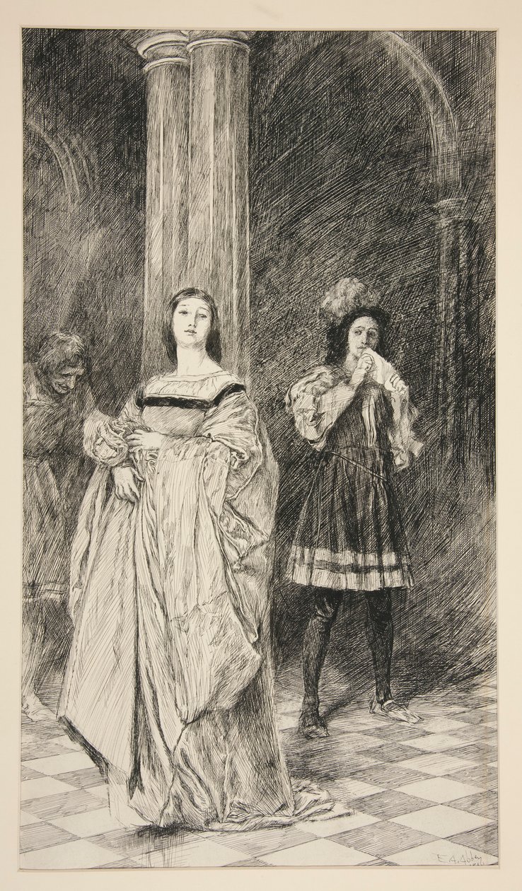 Sylvia och Valentine, från akt II, Scene i, Two Gentlemen of Verona av Edwin Austin Abbey
