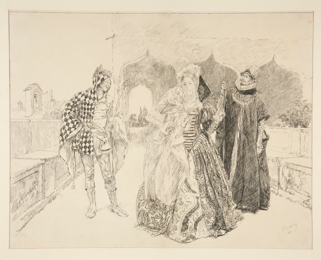Clownen och Malvolio, illustration för akt I, Scene v, Twelfth Night av Edwin Austin Abbey
