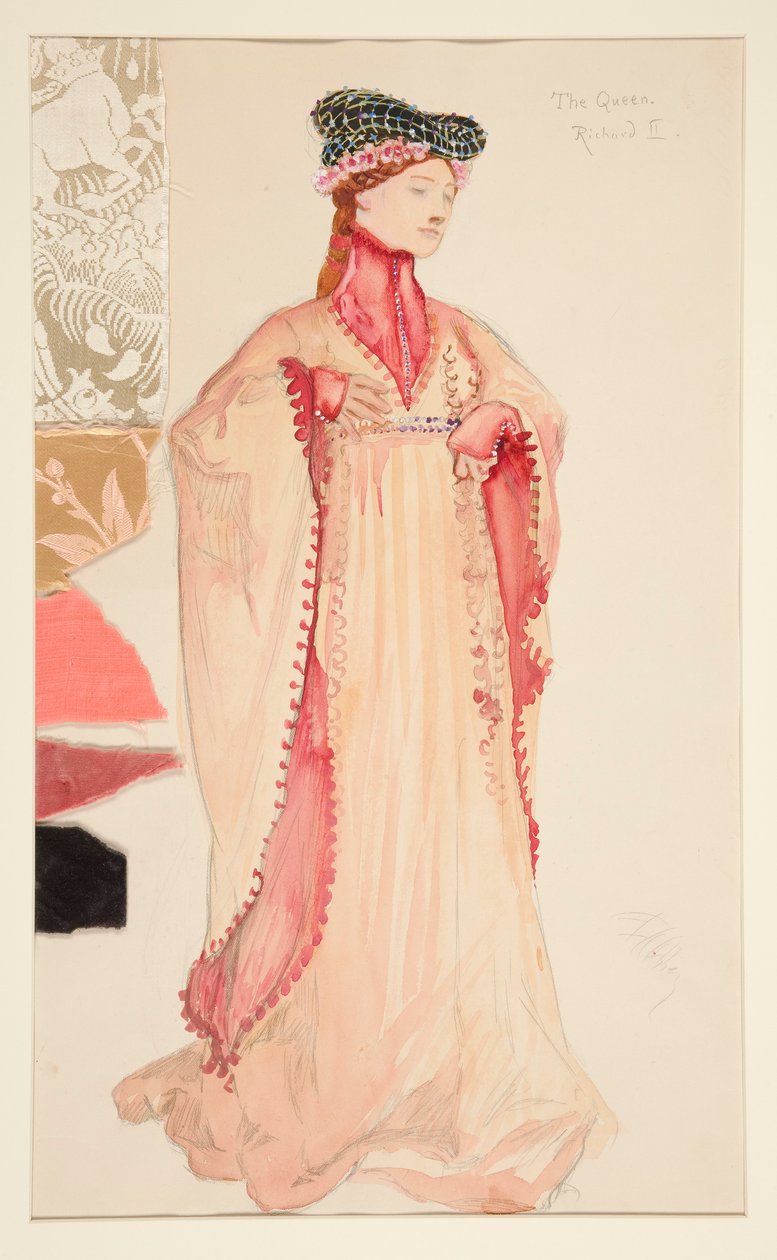 Drottningen (i rosa), kostymskiss för Henry Irving av Edwin Austin Abbey