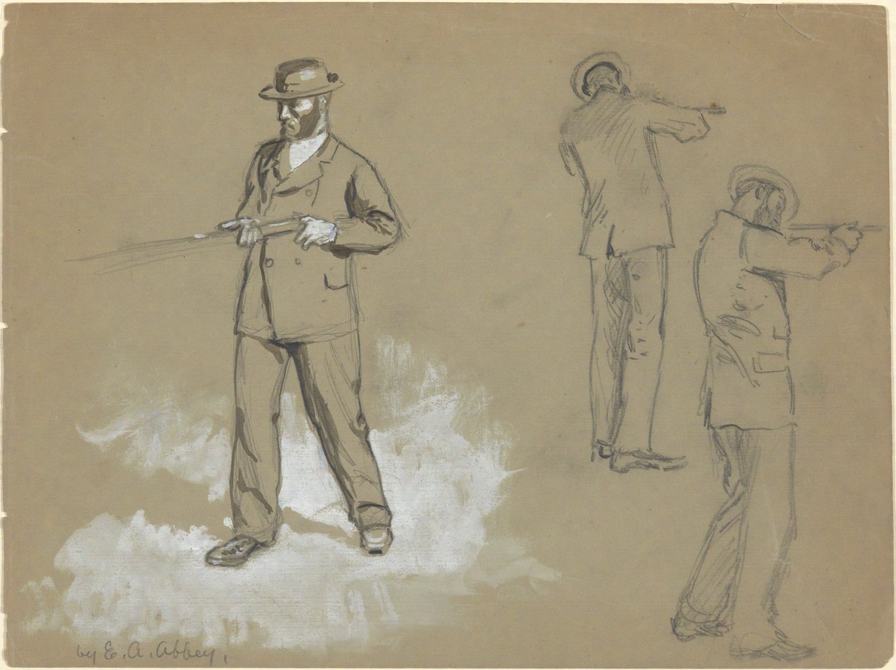Tre skisser av en man med en pistol (recto); Figurstudier och porträtt av A. S. Wina (?) (verso) av Edwin Austin Abbey