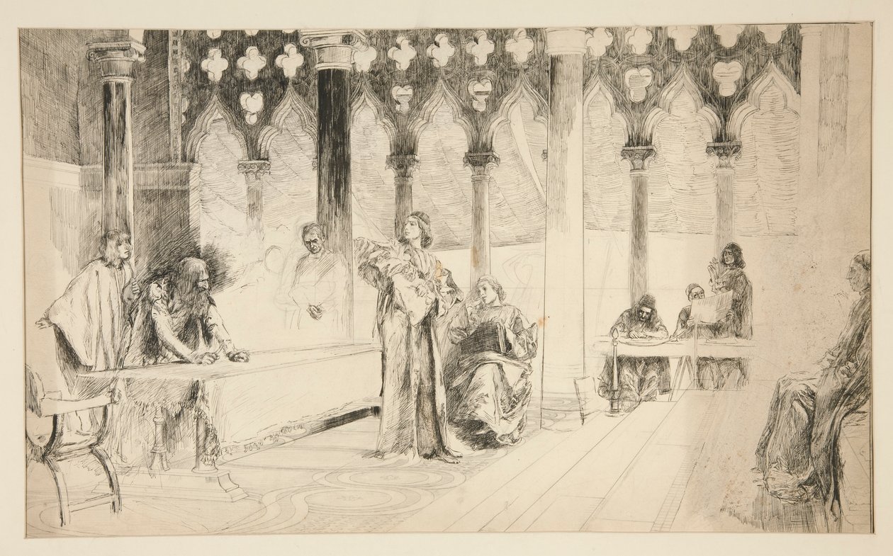 Rättegångsscen, från Merchant of Venice av Edwin Austin Abbey