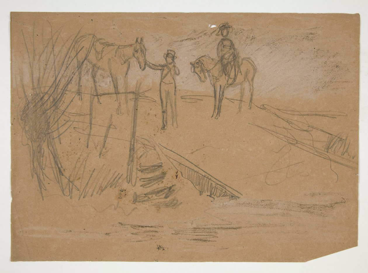 Två män och två hästar i ett landskap - oidentifierad illustration av Edwin Austin Abbey