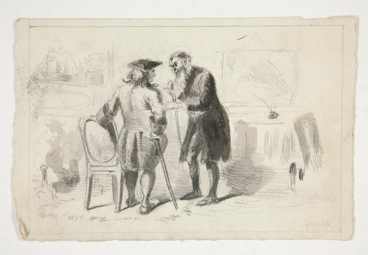 Två män som samtalar i en interiör - oidentifierad illustration av Edwin Austin Abbey