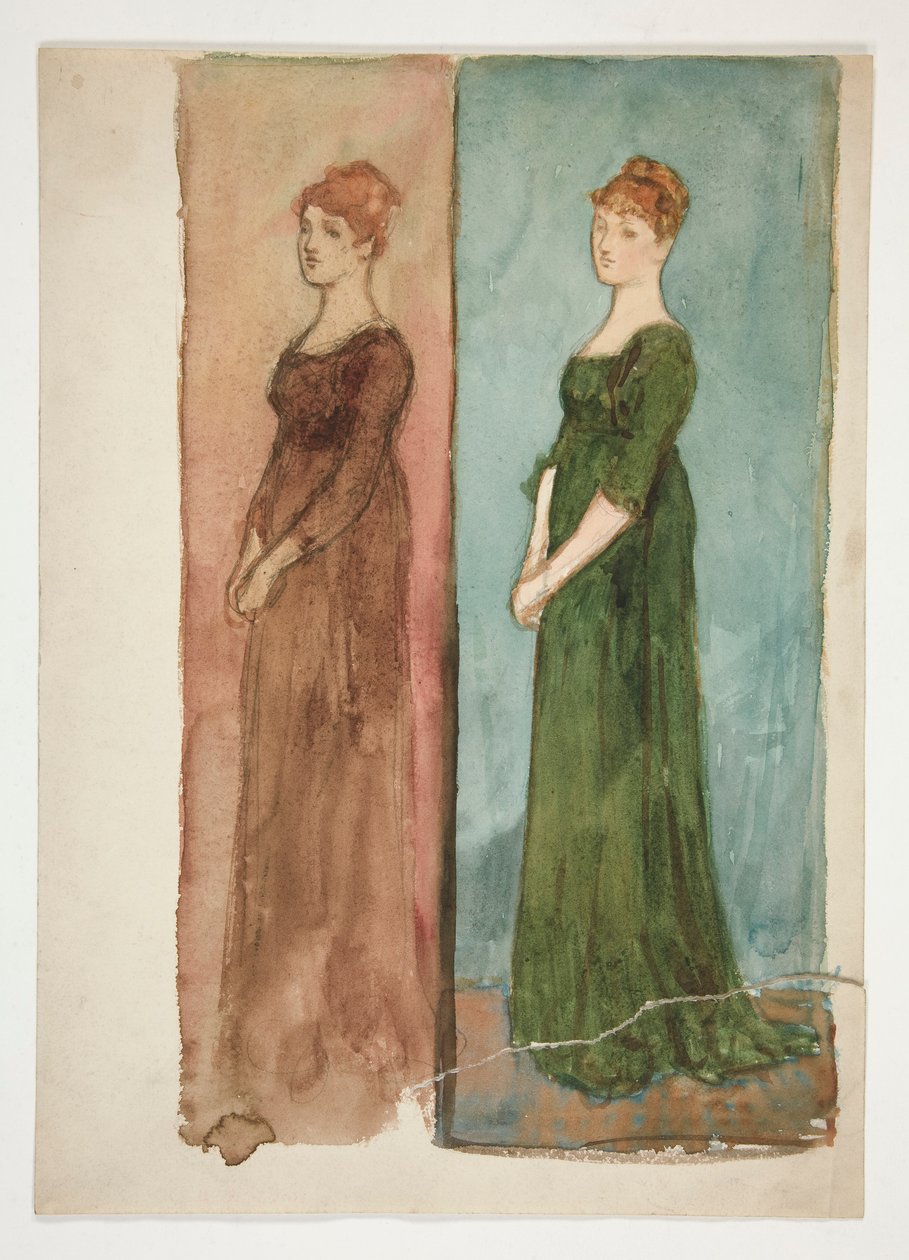 Två skisser av en kvinna (klädd i rött, i grönt) - kostymstudier för en pjäs? av Edwin Austin Abbey
