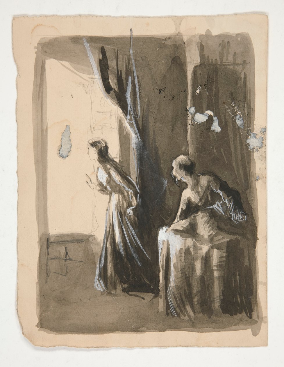 Två kvinnor i en interiör - oidentifierad illustration av Edwin Austin Abbey