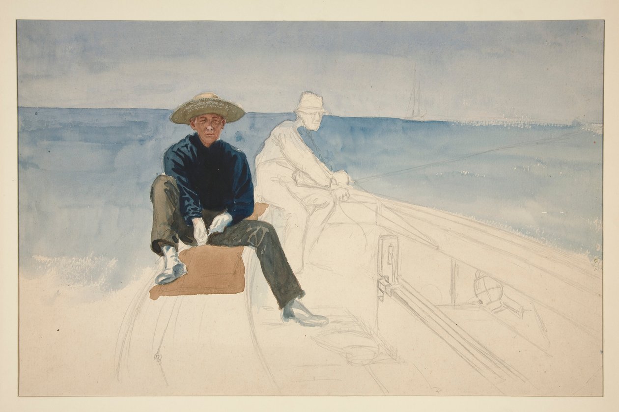Oavslutad teckning av två män som seglar - (oidentifierad illustration) av Edwin Austin Abbey