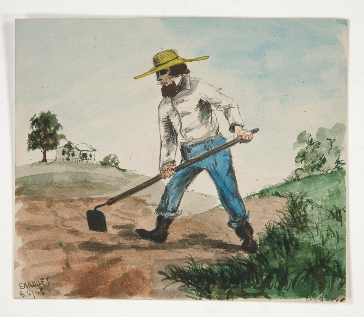 Oidentifierad illustration av en man som hackar en trädgård (recto); Tre figurstudier (verso) av Edwin Austin Abbey