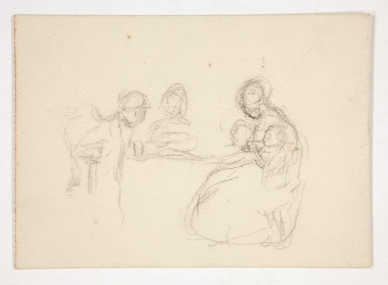 Oidentifierad illustration - Studie av figurer vid ett bord. Sittande man på baksidan. av Edwin Austin Abbey