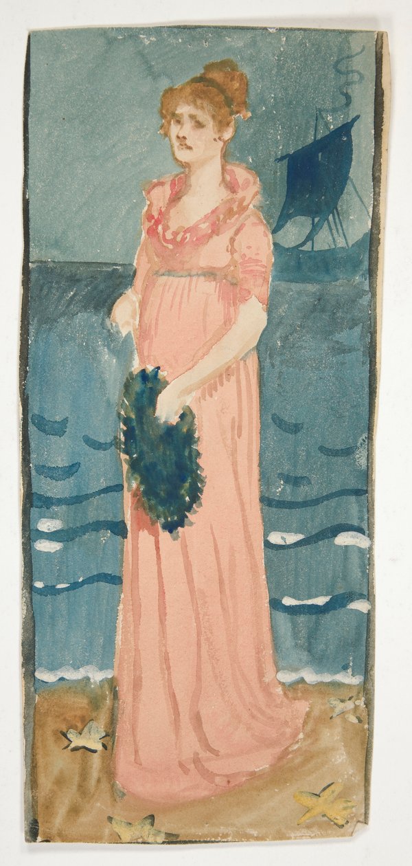 Oidentifierad illustration av kvinna på en strand, skepp på avstånd av Edwin Austin Abbey