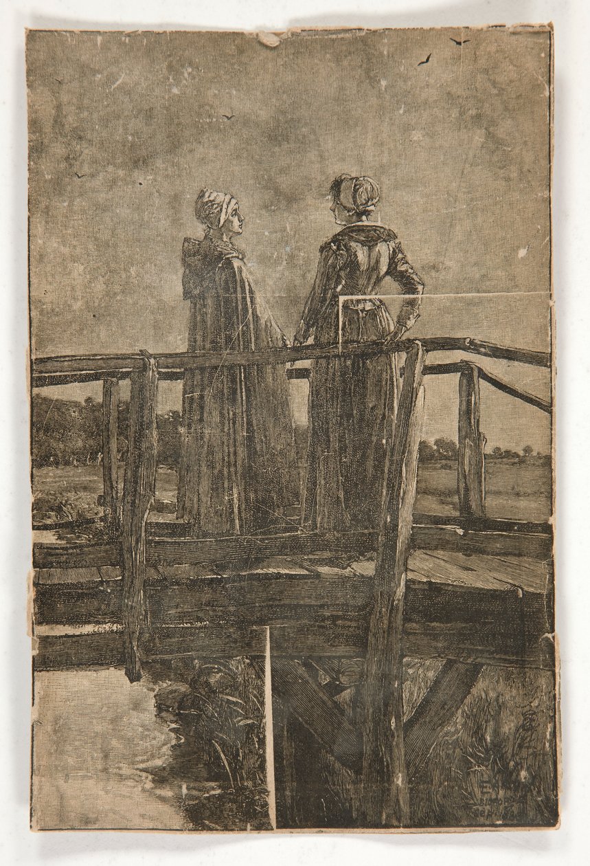 Trästick utan titel av E.A. Kloster (?) av två damer på en träspång - illustration för William Black av Edwin Austin Abbey