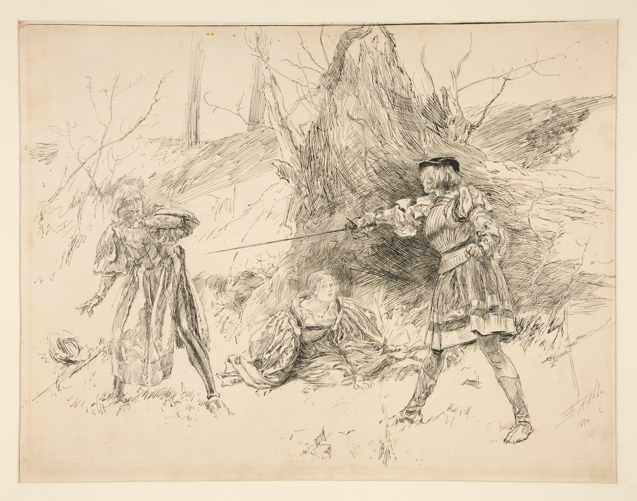 Valentine räddar Sylvia, från Akt V, Scene IV, Two Gentlemen of Verona av Edwin Austin Abbey