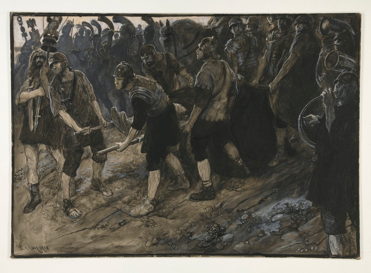 Ventidius går in i triumf, Pacorus döda kropp som bärs framför honom, akt III, scen i, Antonius och Kleopatra av Edwin Austin Abbey