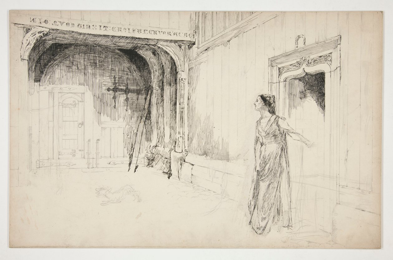 Kvinna och hund i en interiör - (oidentifierad illustration för en pjäs?) av Edwin Austin Abbey