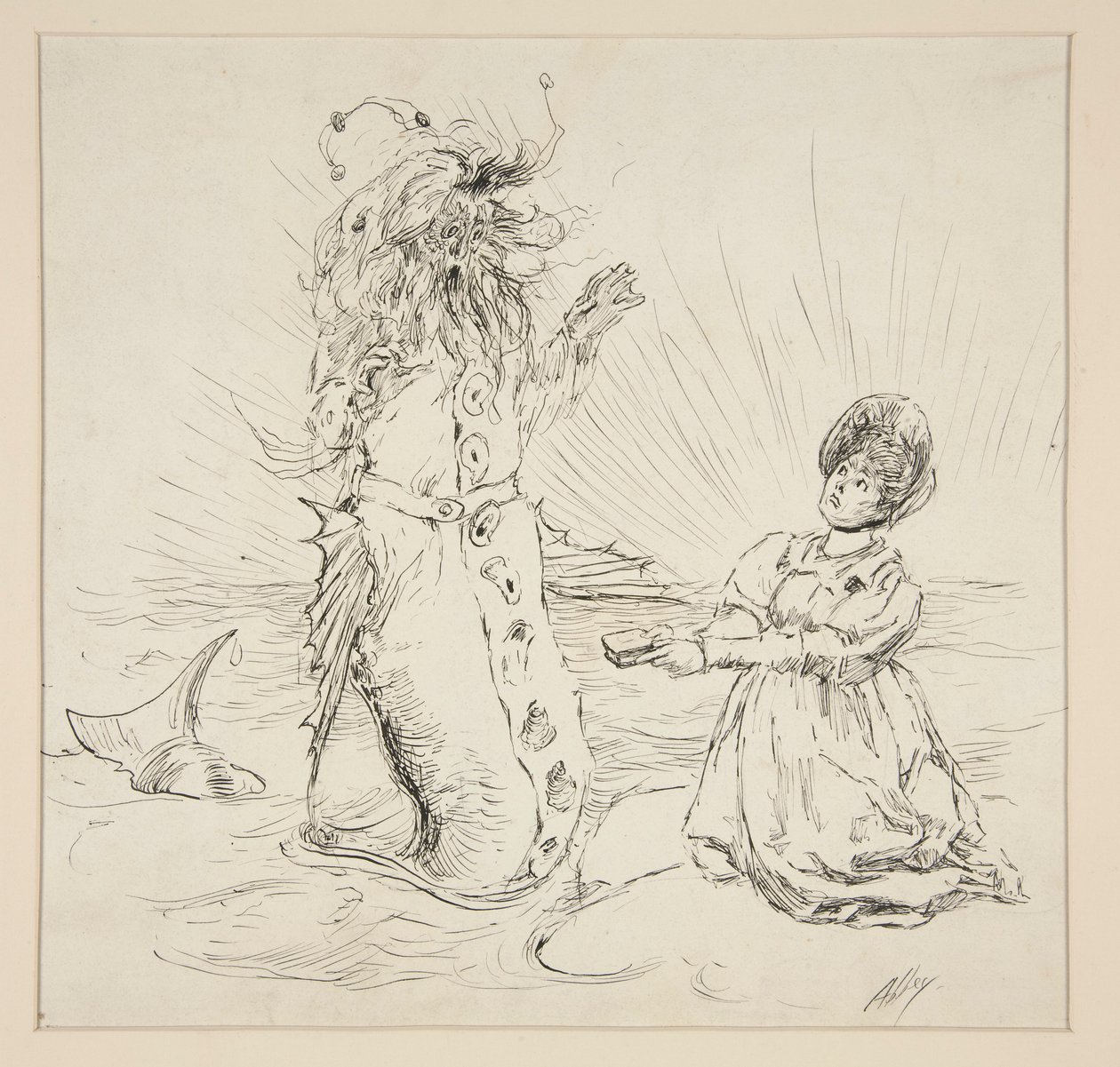 Kvinna och orm på stranden, skiss för The Lay of the Lobster av Edwin Austin Abbey