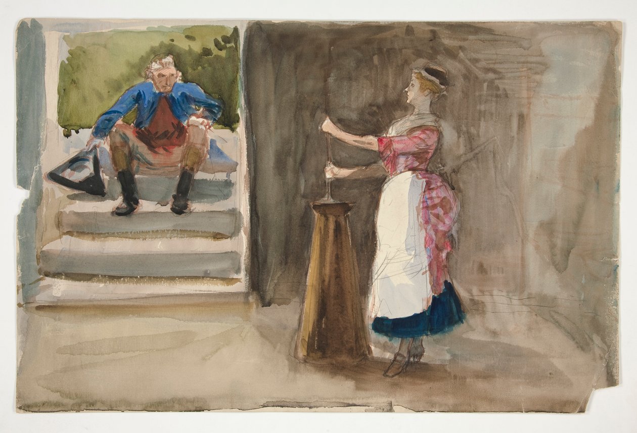 Kvinna som kärnar smör, man i revolutionär klänning tittar på - (oidentifierad illustration) av Edwin Austin Abbey