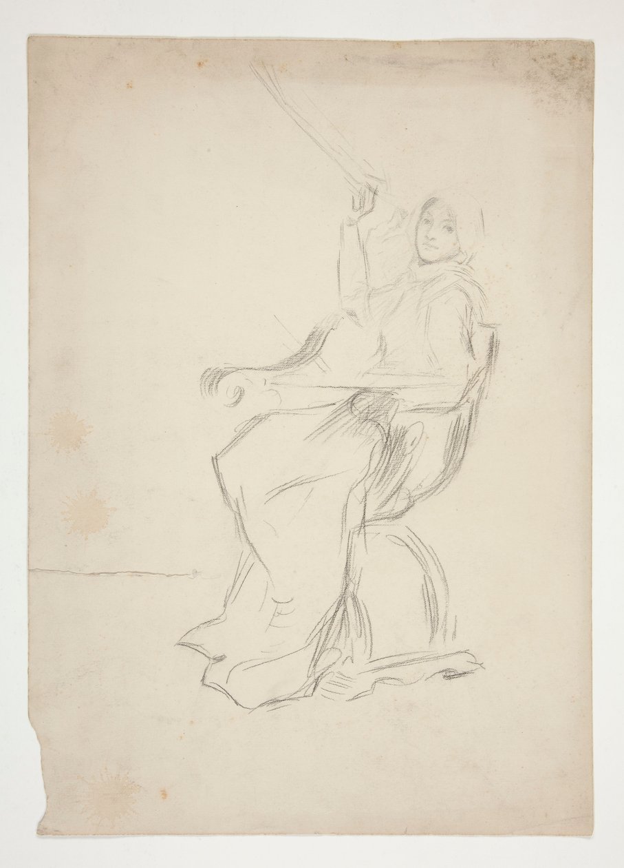 Kvinna som sitter i stol (recto); Två oidentifierade arkitektoniska skisser (verso) av Edwin Austin Abbey