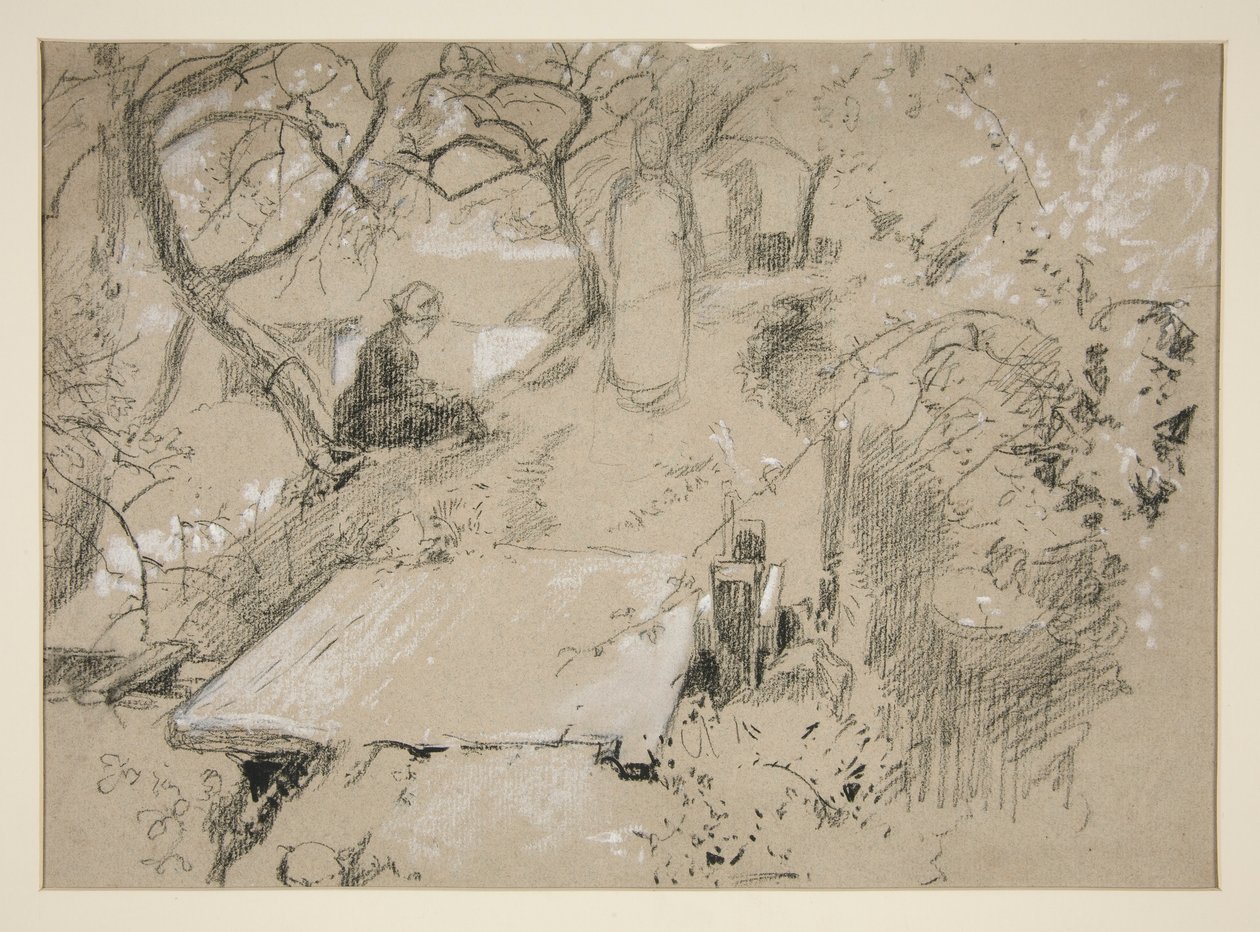 Kvinna som sitter på bänken i en trädgård eller offentlig park - oidentifierad illustration av Edwin Austin Abbey