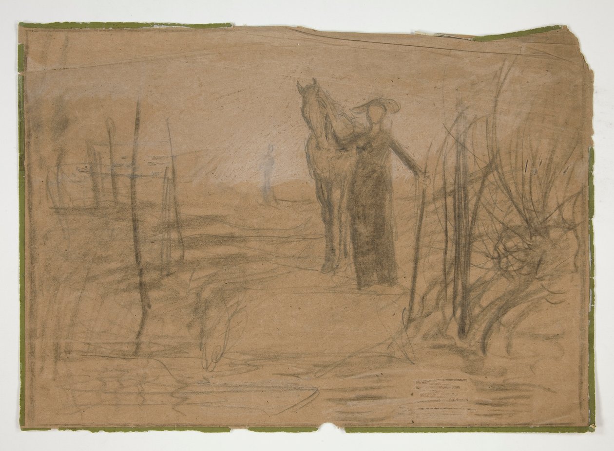Kvinna med häst i landskap - oidentifierad illustration av Edwin Austin Abbey