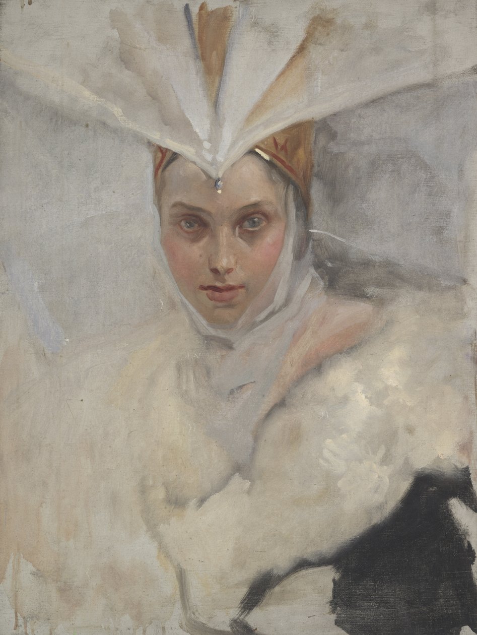 Kvinna med fiskgjusehuvudbonad och vit pälskrage, 1897 av Edwin Austin Abbey
