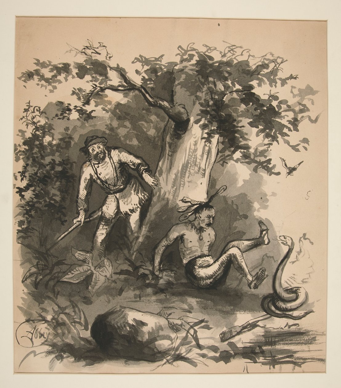 Skogsscen av en jägare, en indier och en orm - oidentifierad illustration av Edwin Austin Abbey