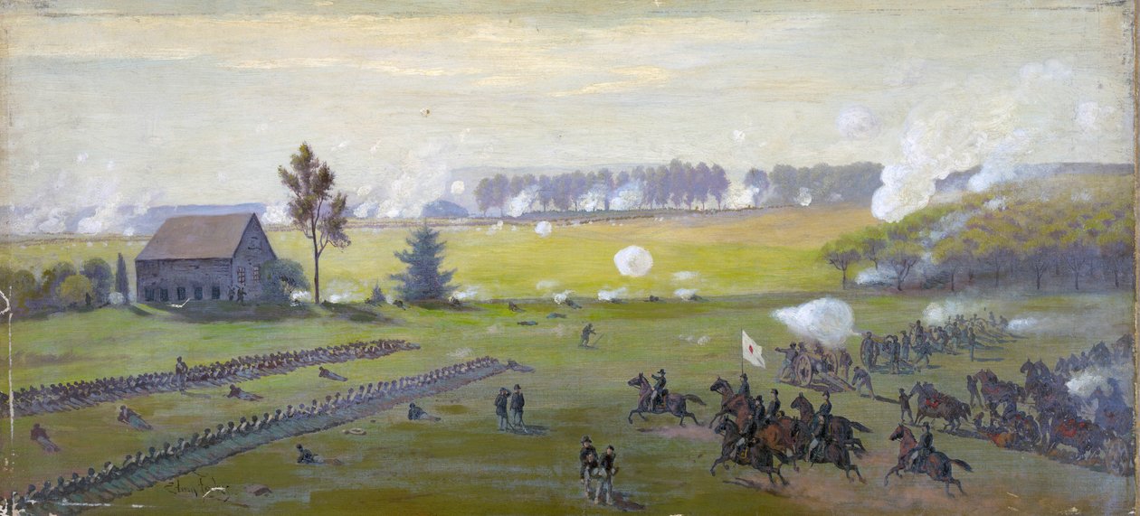 Amerikanska inbördeskriget 1861-1865: Slaget vid Gettysburg 1-3 juli 1863 som avslutade Lees invasion av norr. De tyngsta amerikanska offer än i någon annan i kriget. Olja av Edwin Austin Forbes