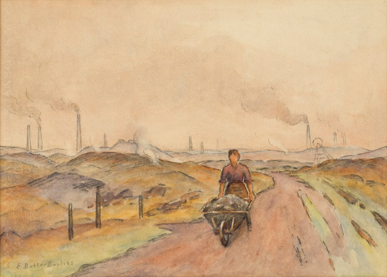 Industriell scen, man med skottkärra (akvarell med kol på papper) av Edwin Butler Bayliss