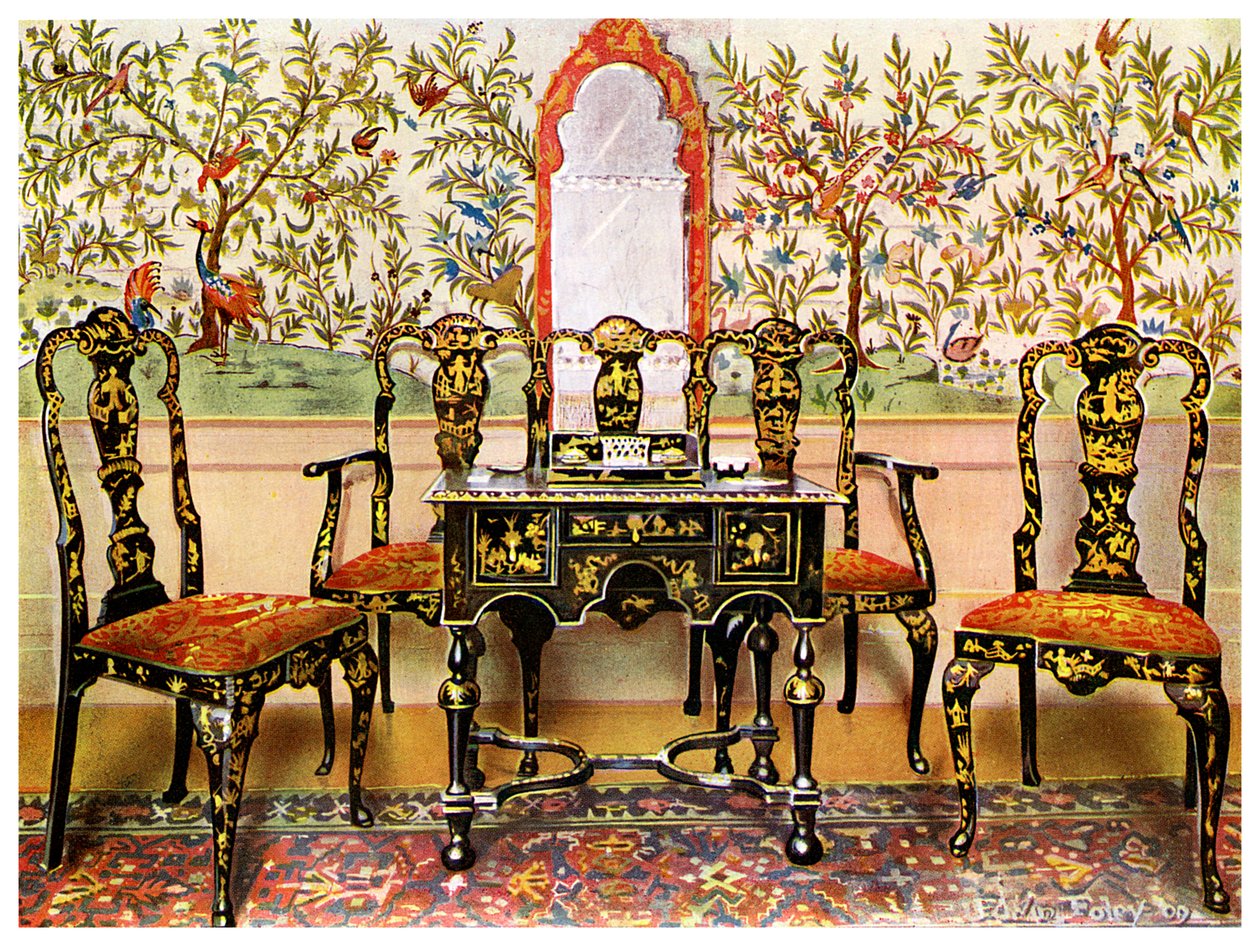 Svartlackad soffa, stolar och bord och rödlackerad spegel, 1910. av Edwin Foley