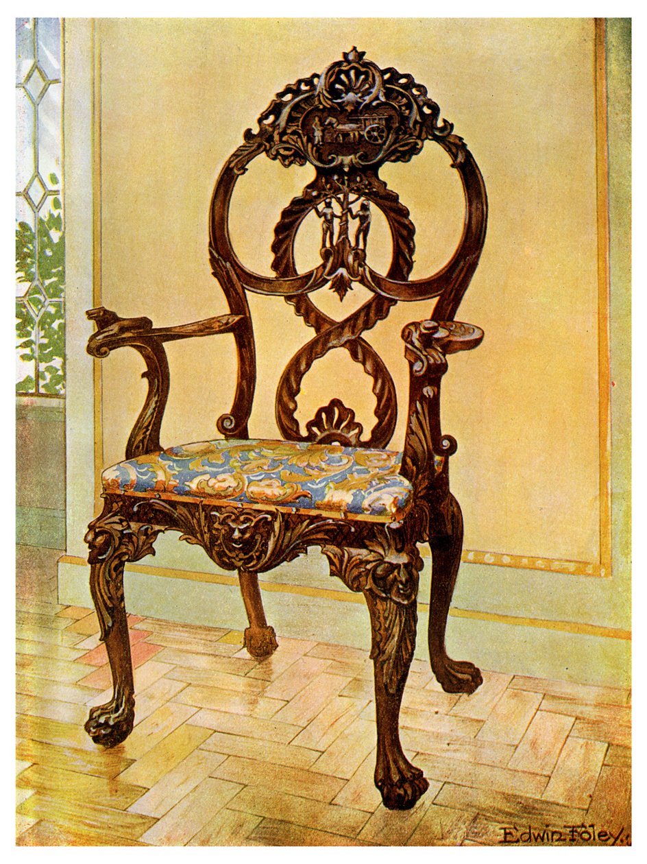 Ristade tidig Chippendale ordförandestol, 1911-1912. av Edwin Foley