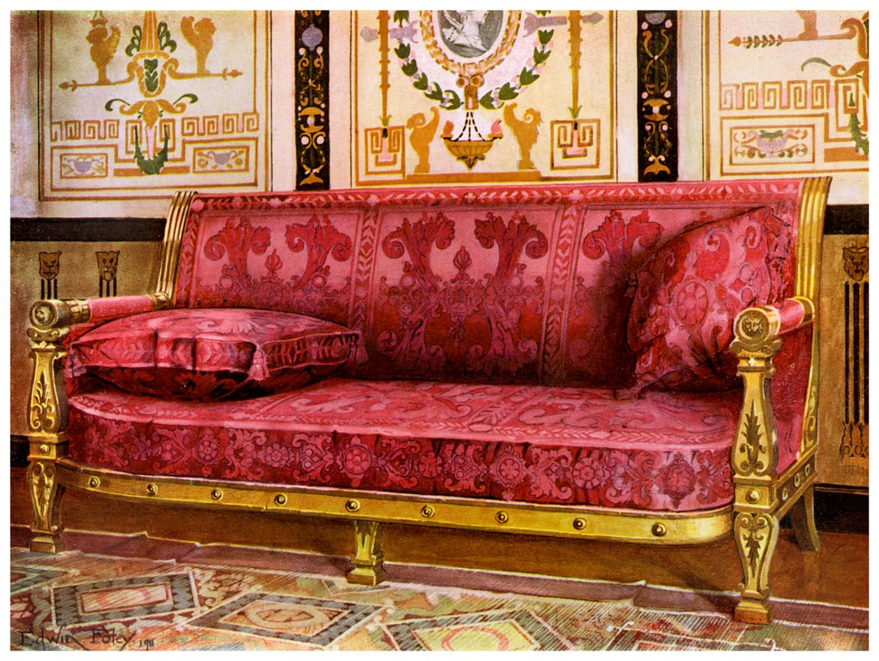 Snidad förgylld soffa klädd i ros Brocade de Lyon, 1911-1912. av Edwin Foley
