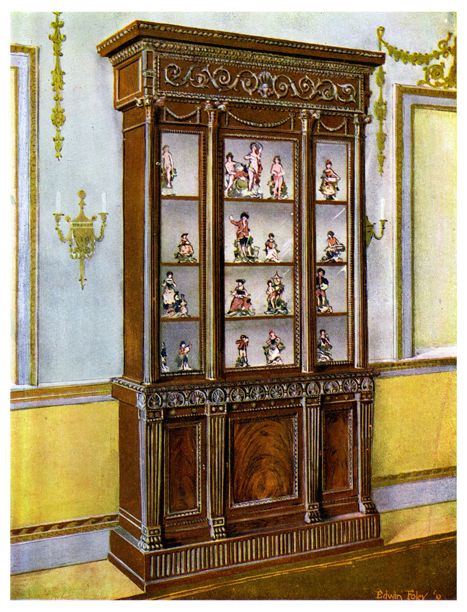 Sniden porslinsfodral i mahogny influerad av Adam Brothers, 1911-1912. av Edwin Foley