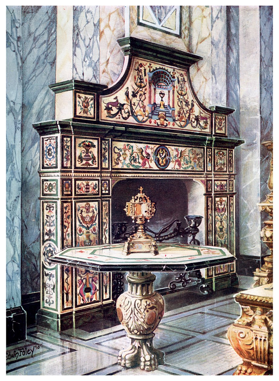 Skorstensstycke och bord i färgad florentinsk mosaik, 1910 av Edwin Foley