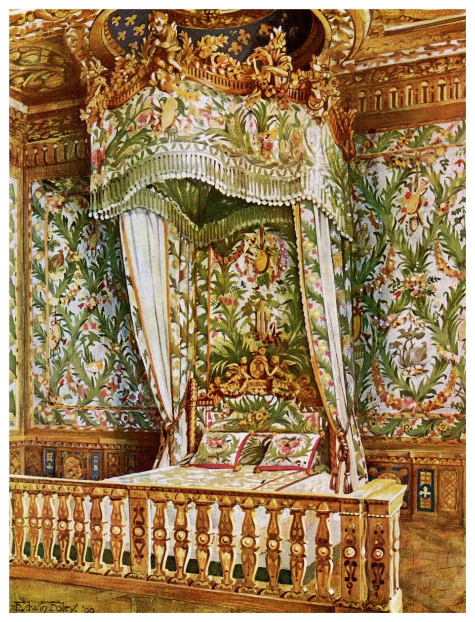 Förgylld stat säng av Marie Antoinette, Queens Bedroom, Palace of Fontainebleau, Frankrike, 1911-1912. av Edwin Foley