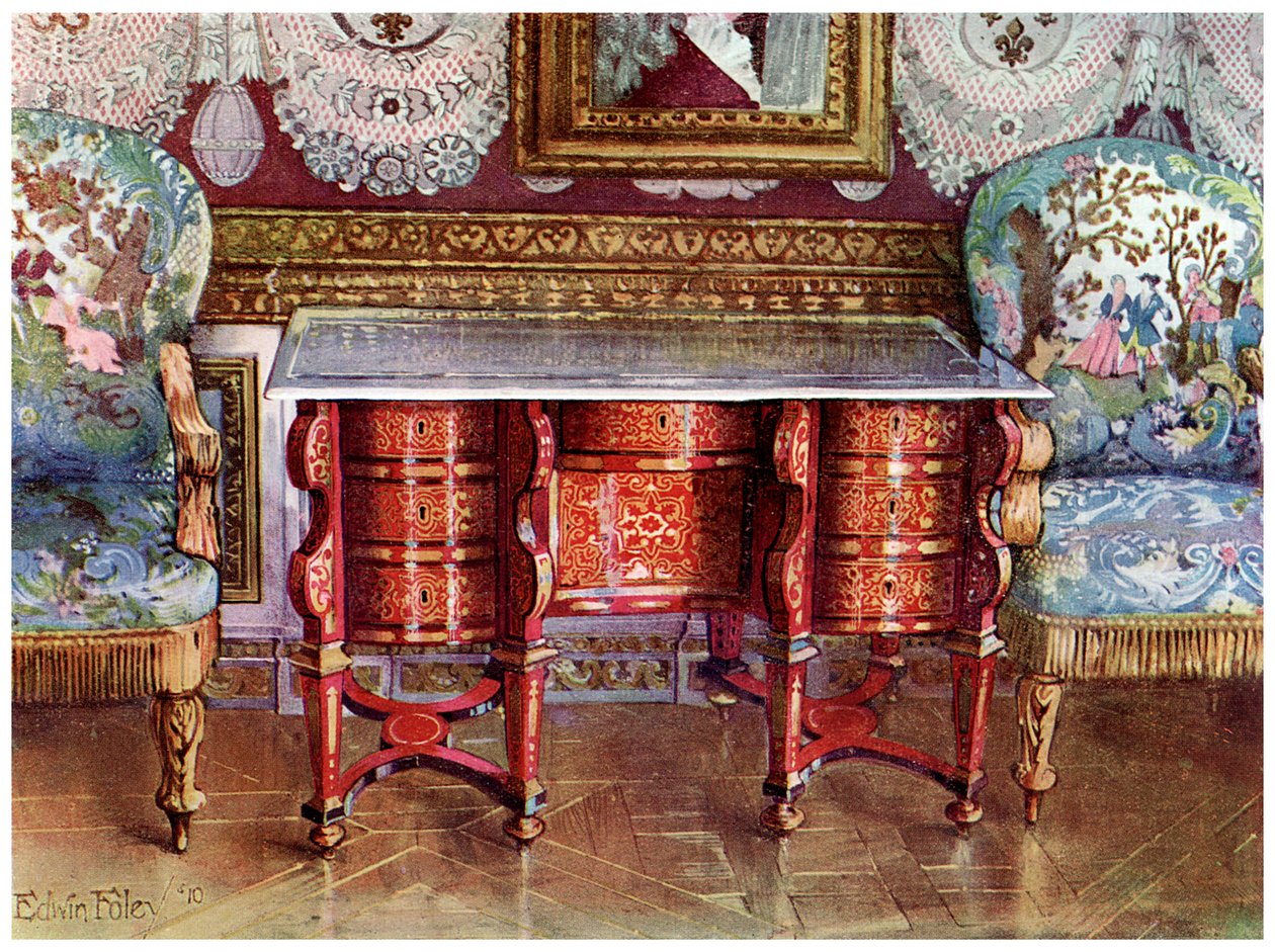 Knähålsskrivbord och förgyllda fauteuils, 1910 av Edwin Foley