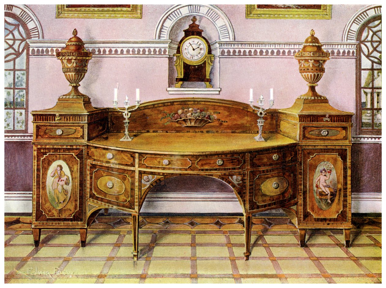 Målad och inlagd skänk i satin och mahognyfäste, 1911-1912. av Edwin Foley