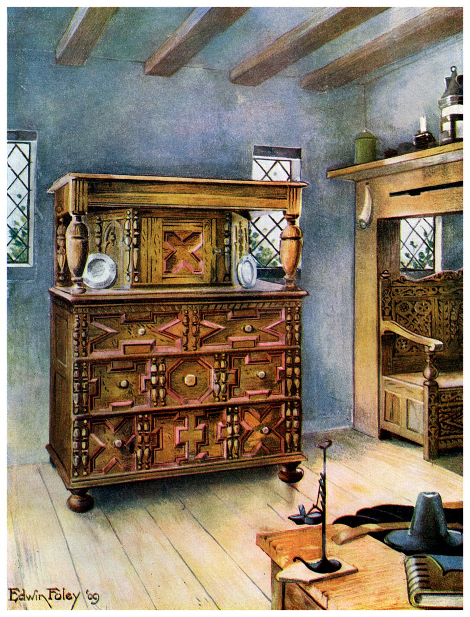 Putnam-skåpet av engelsk ek och ceder, och snidad bosättning av amerikansk ek, 1910. av Edwin Foley